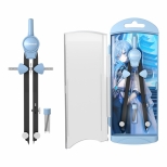 Compas metalic, model MANGA, culoare albastru, cu o rază maximă de 133 mm. Set inclus cabluri înlocuibile într-un recipient de plastic. Ambalajul este într-o cutie de plastic cu agățătoare. 