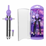 Compas metalic, model MANGA, culoare violet, cu o rază maximă de 133 mm. Set inclus cabluri înlocuibile într-un recipient de plastic. Ambalajul este într-o cutie de plastic cu agățătoare. 