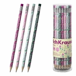 Creion grafit cu radiera, model Floral, corp rotund, 42buc/borcan. 