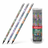  Creioane graphite cu radiera, lemn negru, corp triunghiular, desene Flori. 42buc/borcan. 