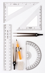 Trusa geometrie in cutie metalica : compas cu creion HB, compas cu gradatii, rigla 15 cm, 2 echere,raportor,  radiera